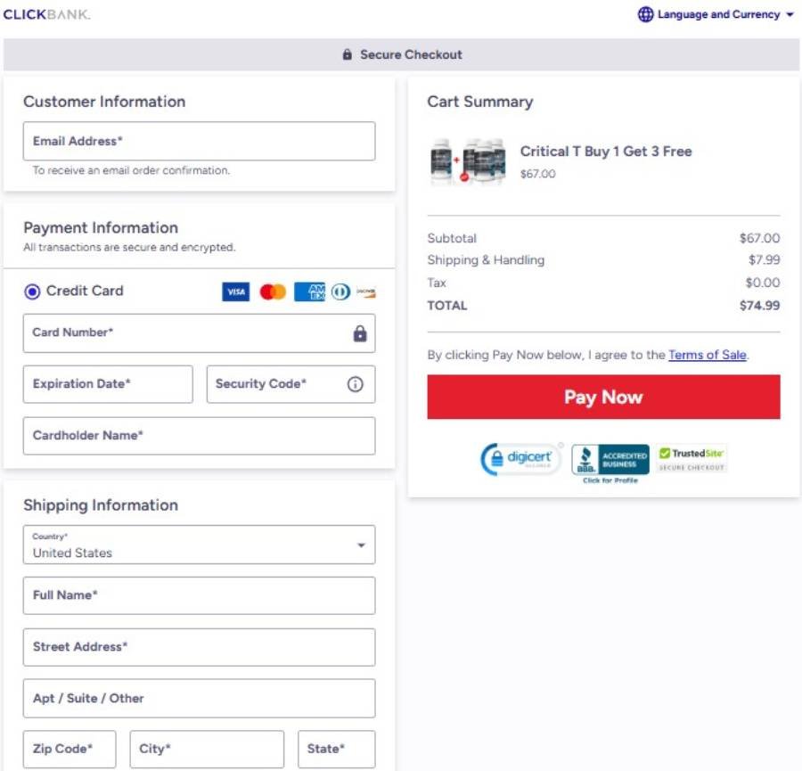Secure checkout page badge ensuring safe Critical T purchase